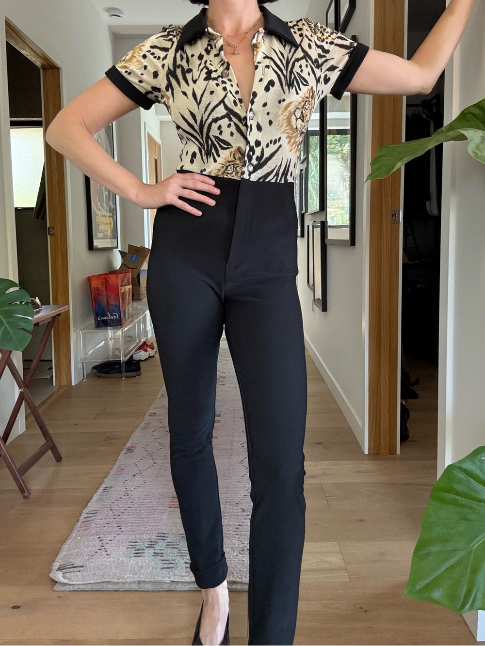 Black High-Waist Slim Jumpsuit with Animal Print Top